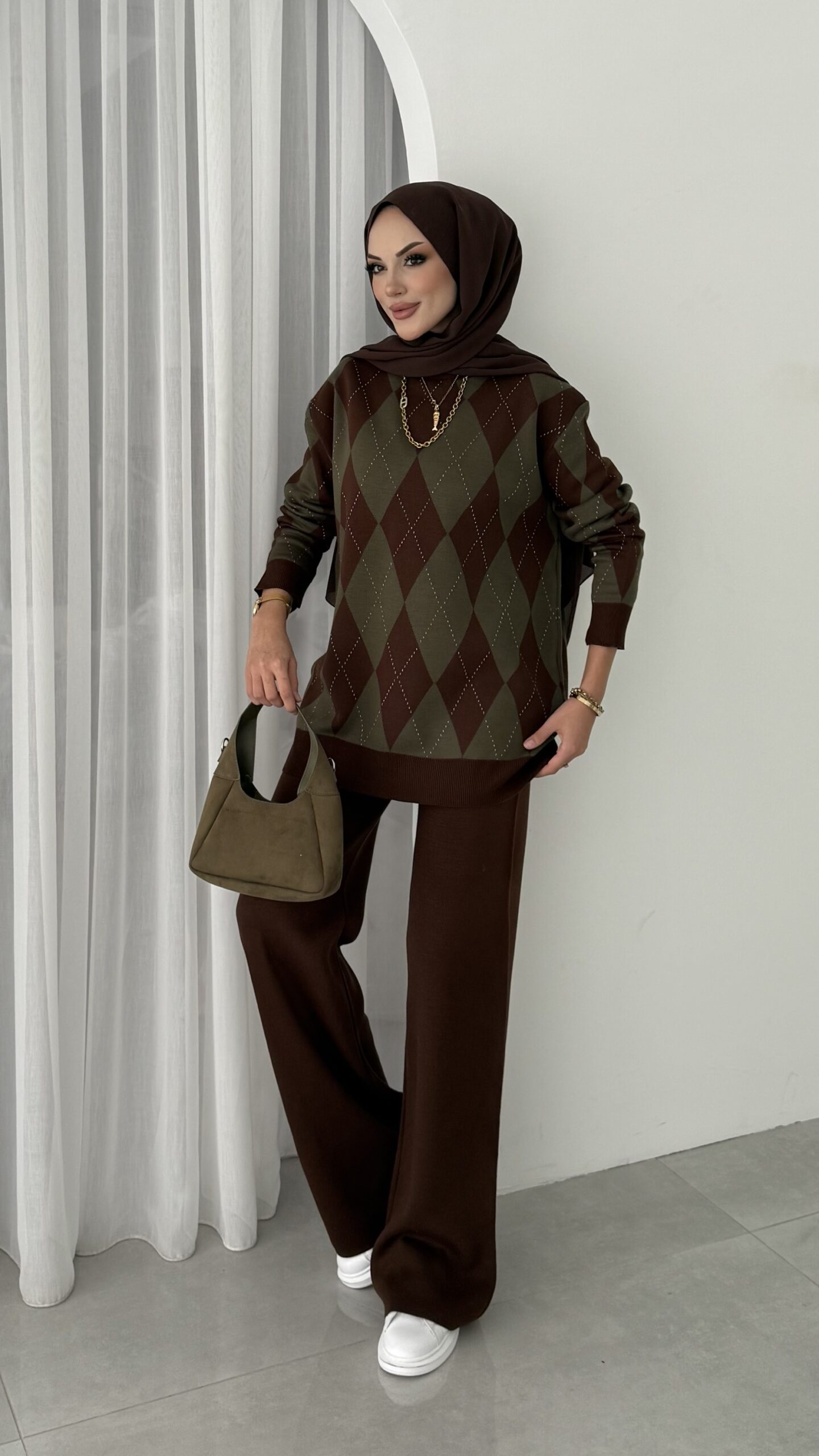 img_0152-1.jpeg Muadil Baklavia Desen Triko İkili Takım - Haki - Görsel 1