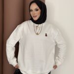 Ayıcık Baskılı Şardonlu Sweat - Beyaz