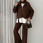 Crop İçlikli Triko Takım - Kahverengi