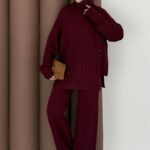 Sık Örme Fitilli Triko Takım - Bordo