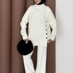 Sık Örme Fitilli Triko Takım - Beyaz