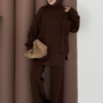 Sık Örme Fitilli Triko Takım - Kahverengi