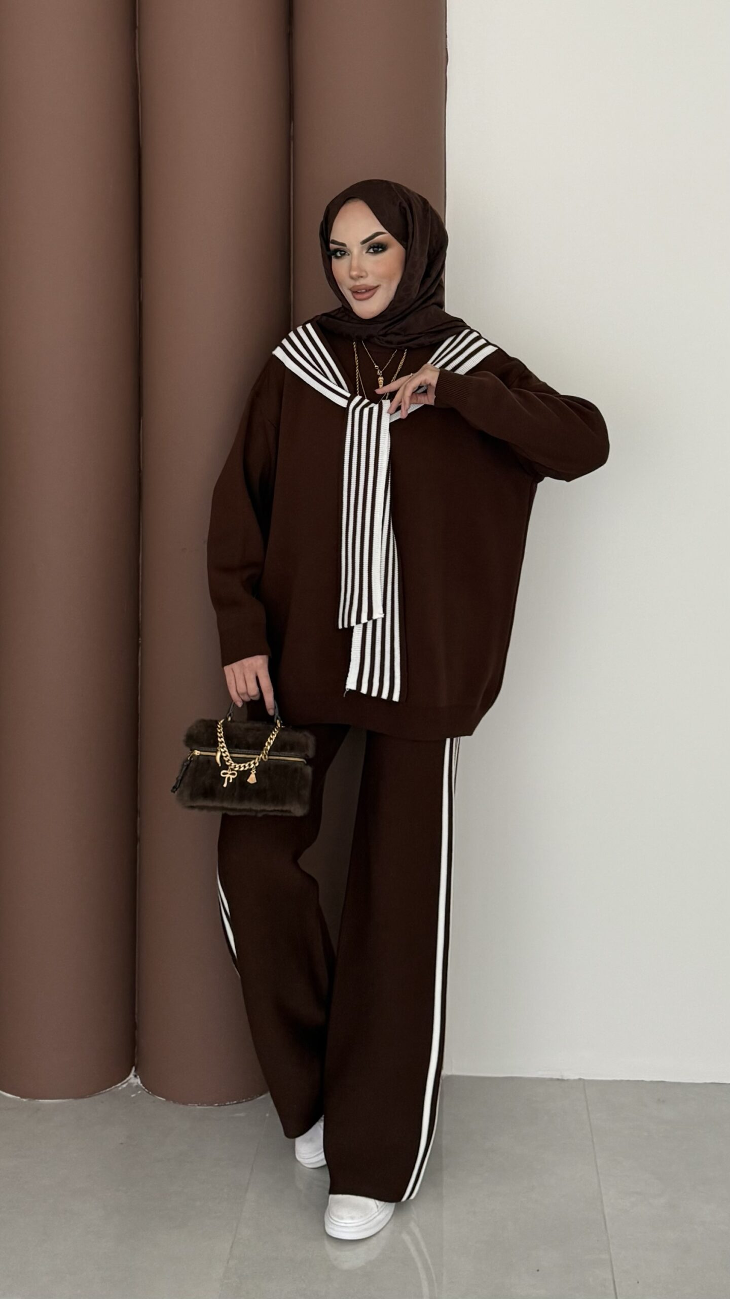 img_5595.jpeg Rally Çizgili Triko İkili Takım - Kahverengi - Görsel 1