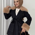 Luxury Kürklü Denim İkili Takım - Koyu Mavi