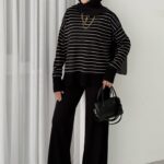 Premium Merserize Çizgili Triko İki Takım - Siyah