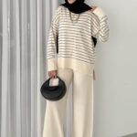 Premium Merserize Çizgili Triko İki Takım - Ekru