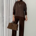 Premium Merserize Çizgili Triko İki Takım - Kahverengi