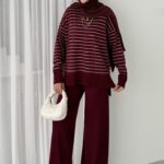 Premium Merserize Çizgili Triko İki Takım - Bordo