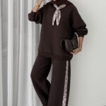 Fular Detaylı Şardonlu Sweat İkili Takım - Kahverengi