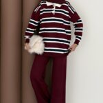 Pinterest Polo Yaka Çizgili Triko Takım - Bordo