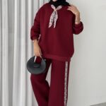 Fular Detaylı Şardonlu Sweat İkili Takım - Bordo