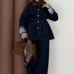 Ekose Desen Denim İkili Takım - Koyu Mavi