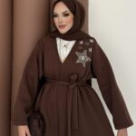 Yıldız Nakışlı Şardonlu İkili Takım - Kahverengi