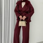 Elegant Kürklü Puf Scuba İkili Takım - Bordo