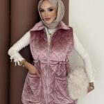 Kapitoneli Kadife Şişme Yelek - Gül Kurusu