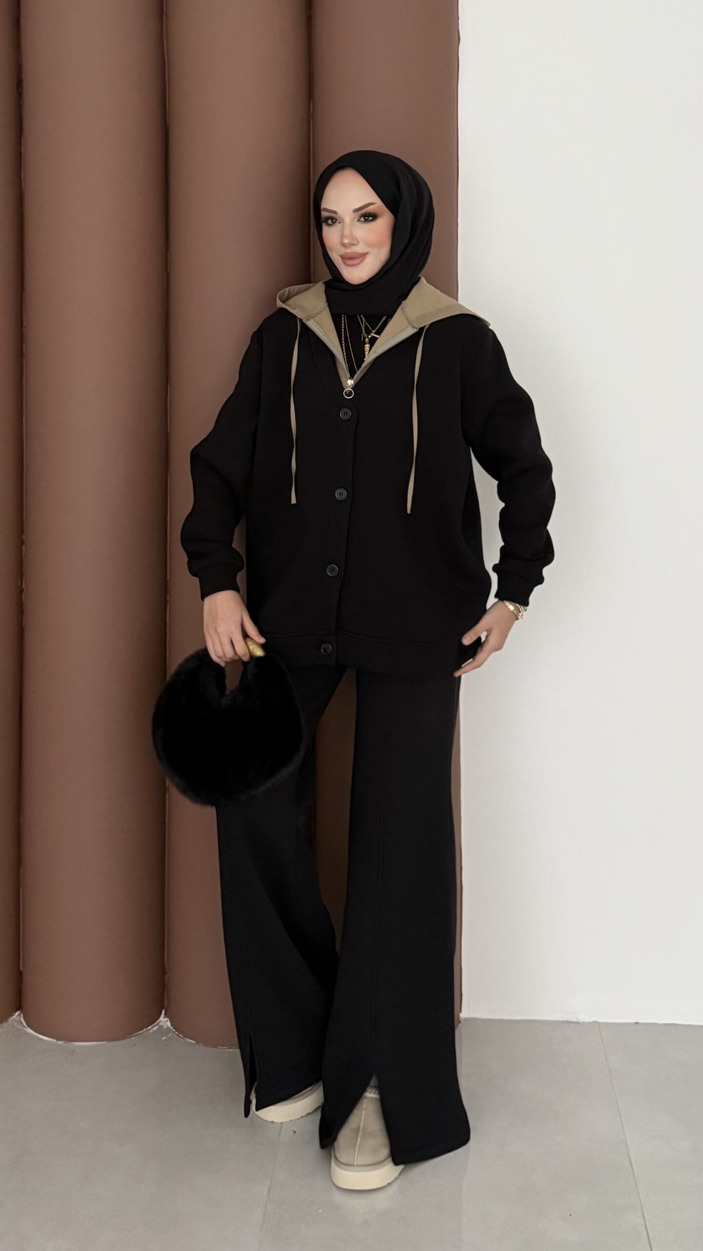 img_9443.jpeg Snow Trenç Kapşonlu Şardonlu İkili Takım - Siyah - Görsel 1