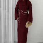 Marka Muadil Kemerli Ajurlu Elbise - Bordo