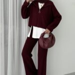 Crop İçlikli Triko Takım - Bordo