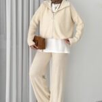 Crop İçlikli Triko Takım - Bej