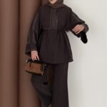 Bloom Nakışlı Modal İkili Takım - Kahverengi