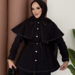 Pelerin Detaylı Gabardin İkili Takım - Siyah