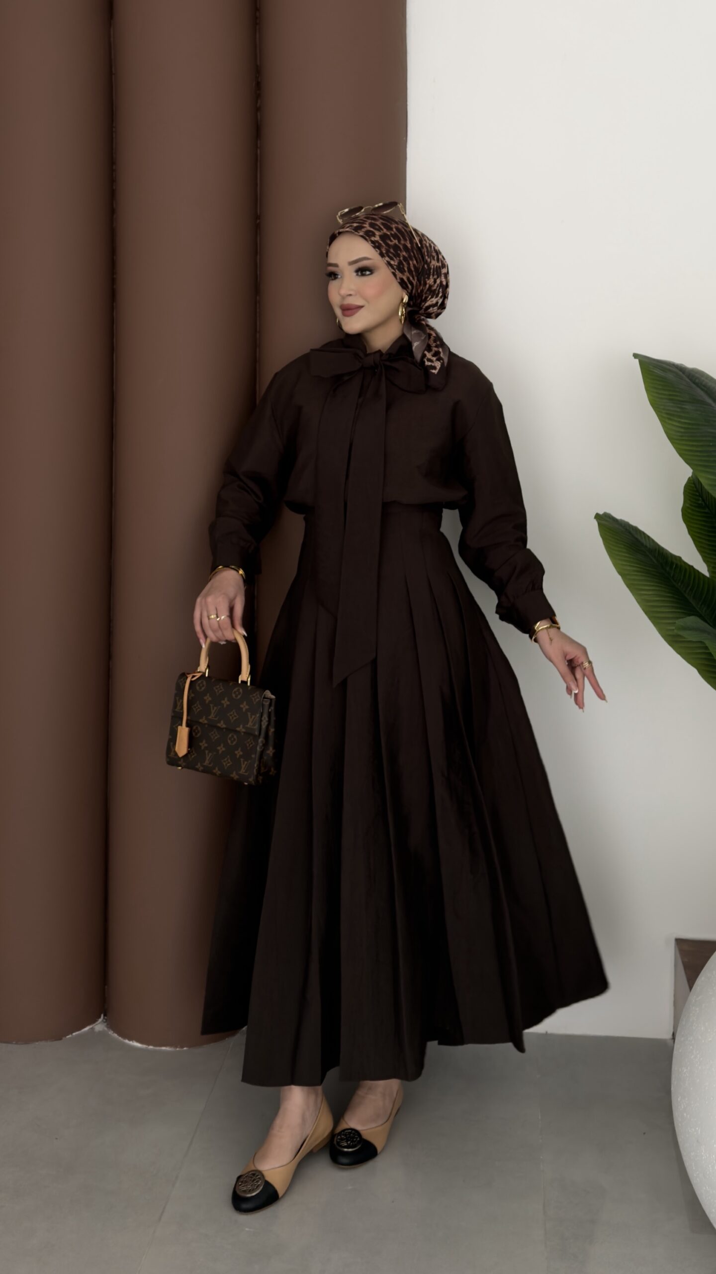 img_3308 Pile Detaylı Cupra Etek İkili Takım - Kahverengi - Görsel 1