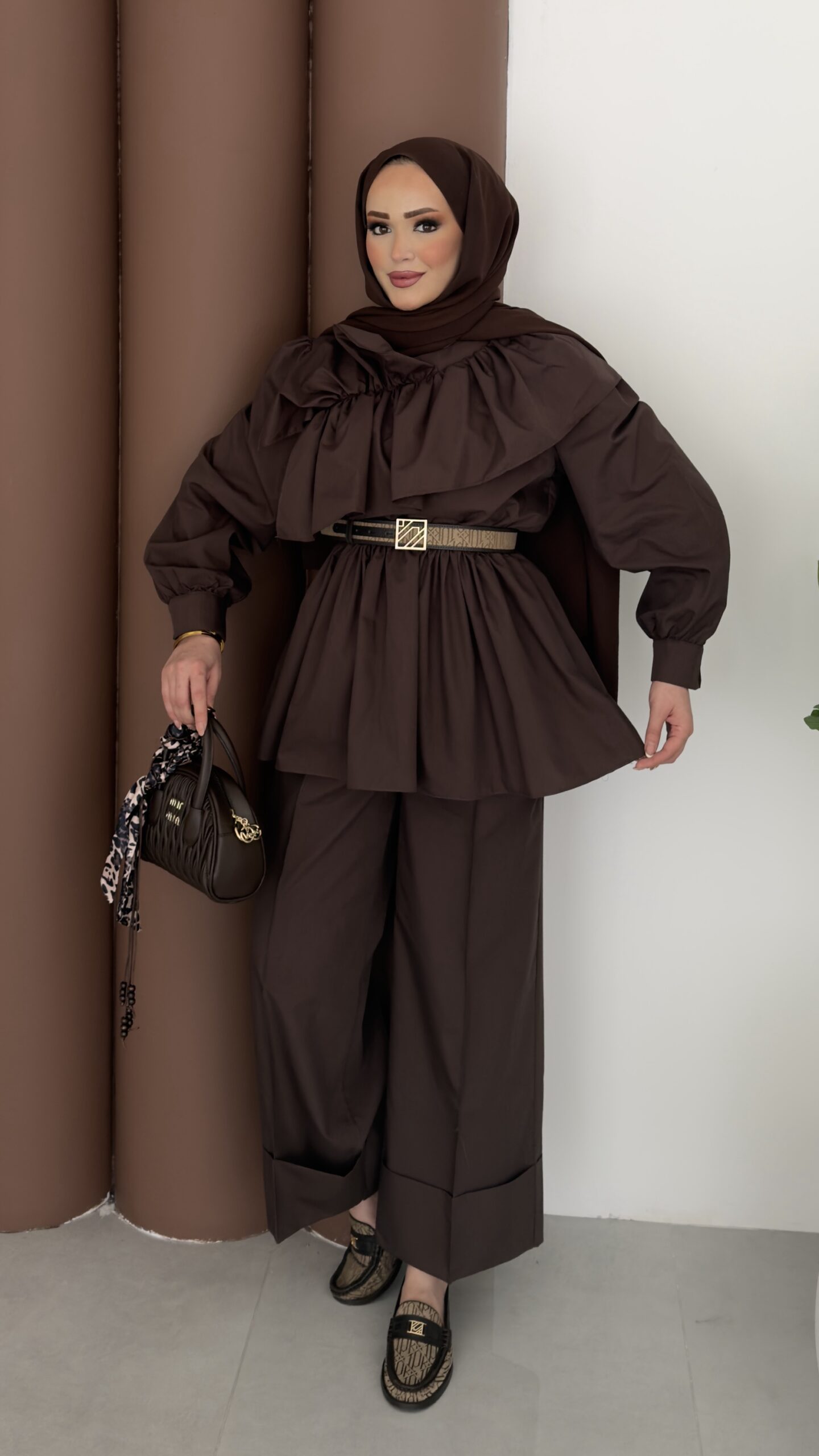 img_0272 Qatar Fırfırlı Beli Lastikli Takım - Kahverengi - Görsel 1