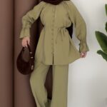 Helen Düğmeli Tensel İkili Takım - Yağ Yeşil