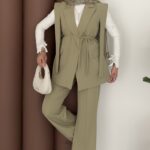 Stella Bağlamalı Yelek İkili Takım - Yağyeşil