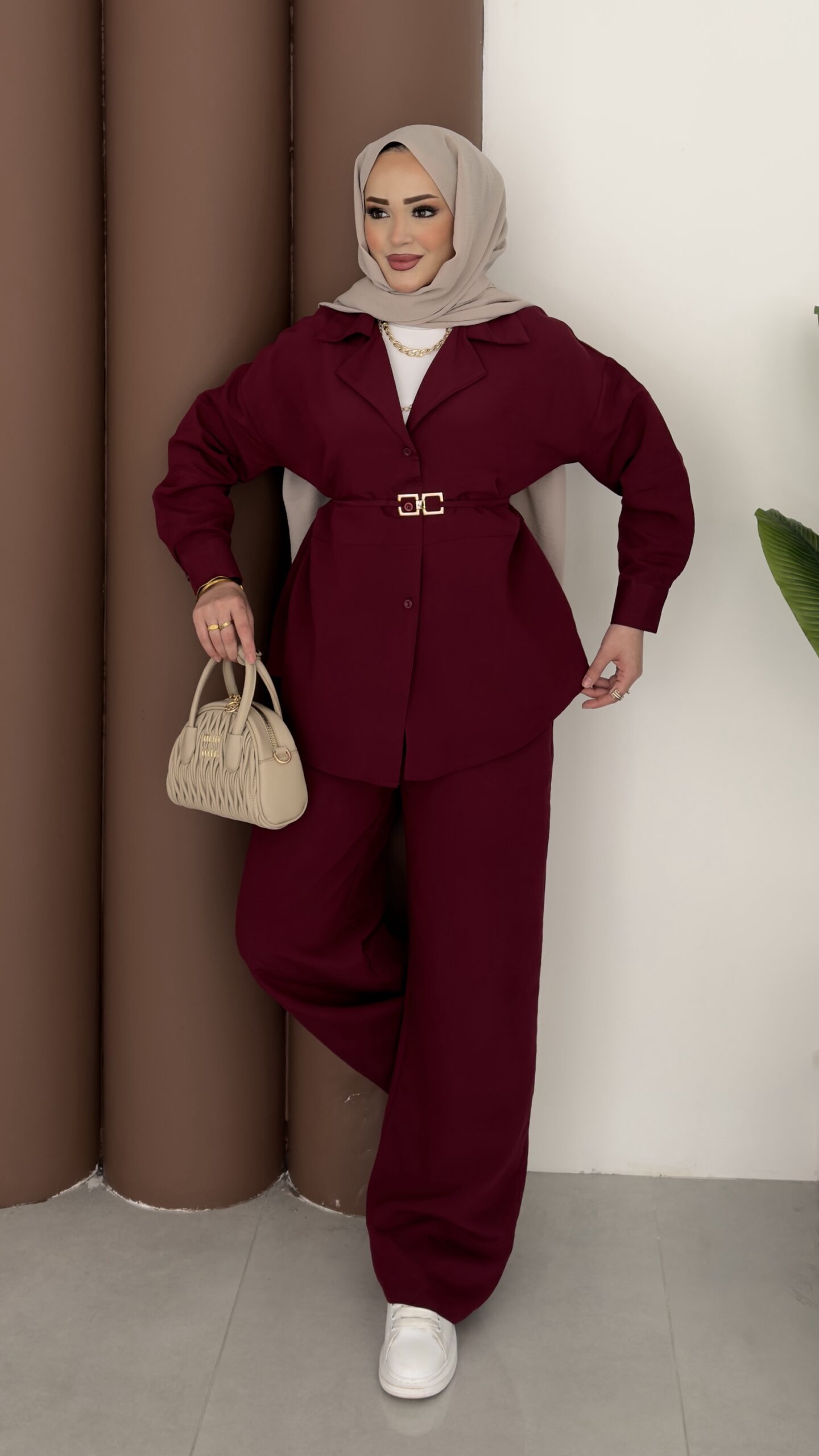 img_2225 Vesna Basic Kemerli İkili Takım - Bordo - Görsel 1