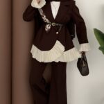 Violet Piliseli Double Blazer İkili Takım - Kahverengi