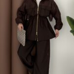 Dantel Garnili Fermuarlı Cupra İkili Takım - Kahverengi