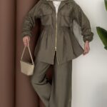 Dantel Garnili Fermuarlı Cupra İkili Takım - Haki