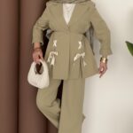 Velvet Kurdelalı Double İkili Takım - Yağyeşil