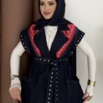 Premium Zımbalı Tasarım Kot Yelek - Koyu Mavi