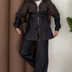 Dark Çift Fermuarlı Denim İkili Takım - Kahverengi