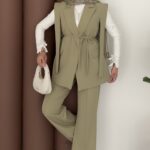 Stella Bağlamalı Yelek İkili Takım - Yağyeşil