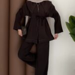 İvory Tensel Yakalı İkili Takım - Kahverengi