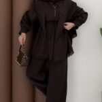 Güpür Yakalı Modal İkili Takım - Kahverengi