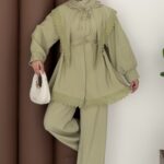 Güpür Yakalı Modal İkili Takım - Yağyeşil