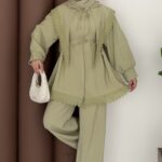 Güpür Yakalı Modal İkili Takım - Yağyeşil