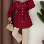 Diva Yakası Taşlı Gömlek - Kırmızı