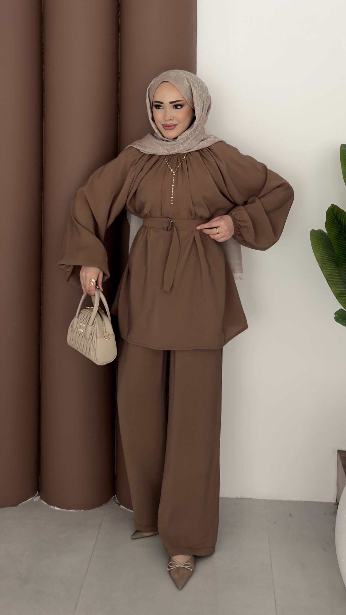 img_6494 Casual Modal Kemerli İkili Takım - Kahverengi - Görsel 1