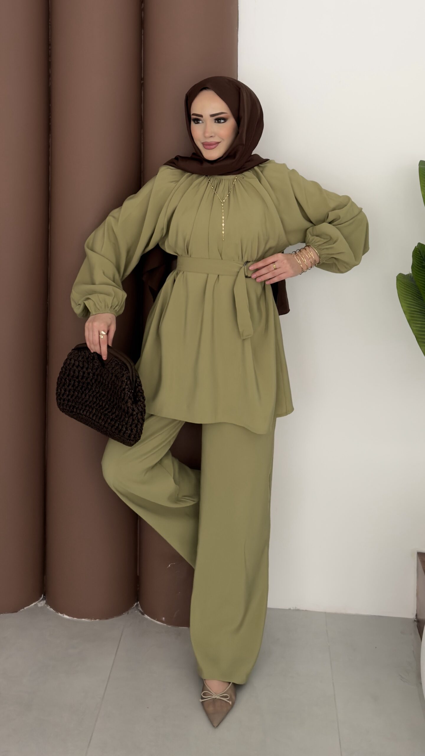 img_6542 Casual Modal Kemerli İkili Takım - Yağyeşil - Görsel 1