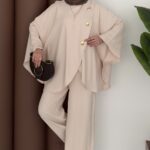 Gold Düğmeli Panço İkili Takım - Bej