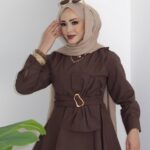 Zaira Fiyonklu Poplin İkili Takım - Kahverengi