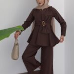 Zaira Fiyonklu Poplin İkili Takım - Kahverengi