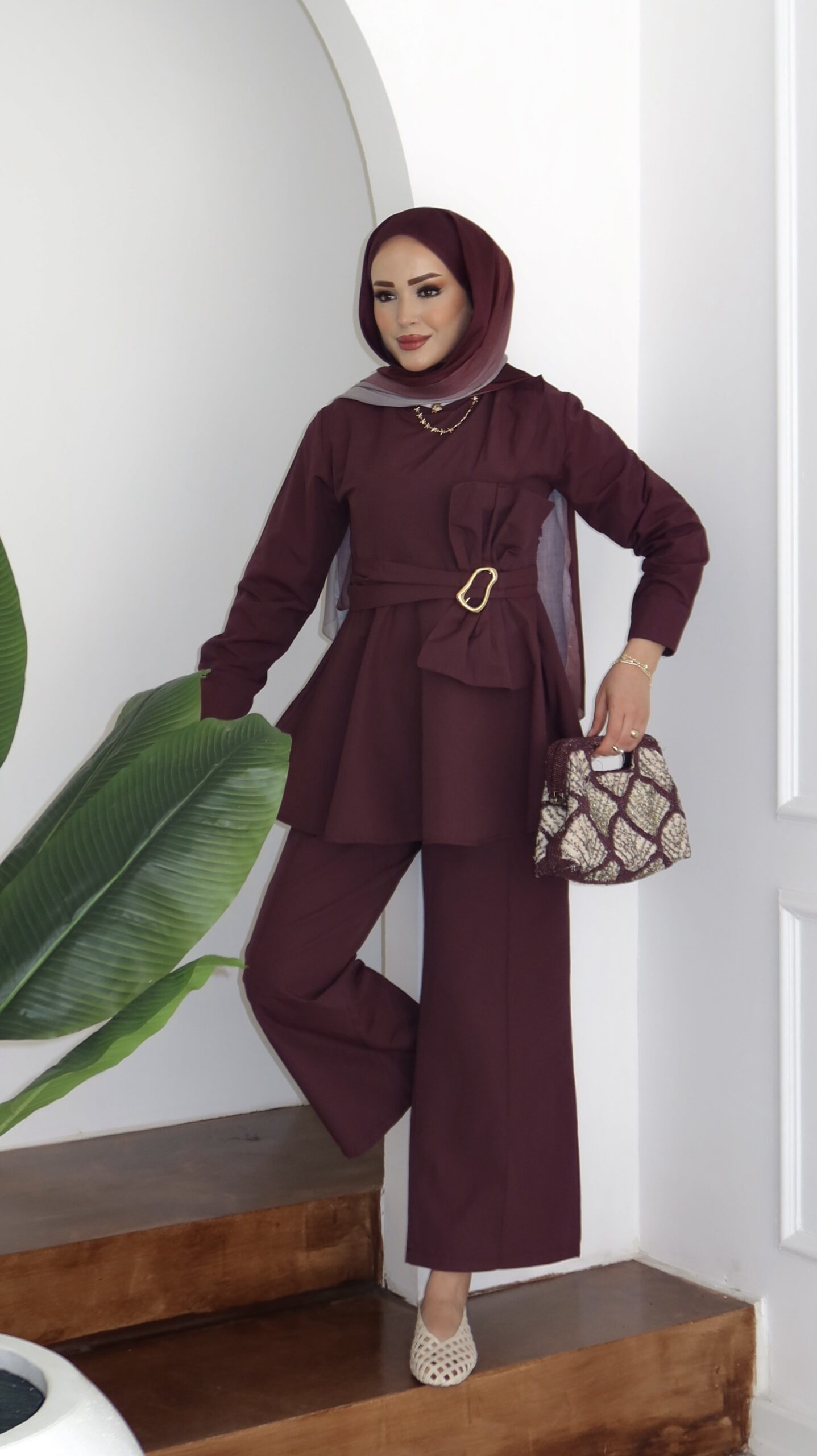 img_0300-2 Zaira Fiyonklu Poplin İkili Takım - Mürdüm - Görsel 1