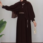 Pelerin Kemerli Şifon Tulum - Kahverengi