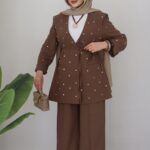 Shine Keten Ceket İkili Takım - Kahverengi